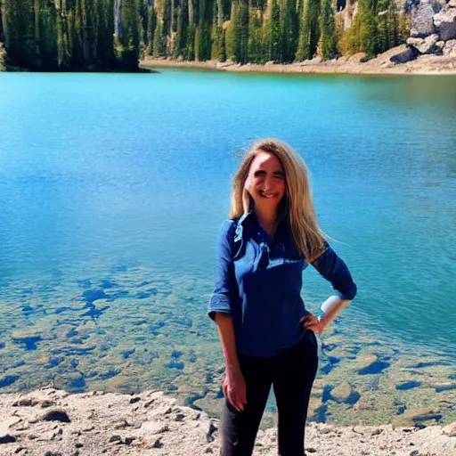 Prompt: pretty woman standing in front of a beautiful lake in a valley in the sierra nevada mountains,