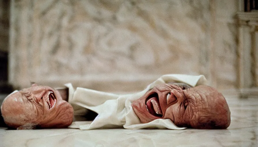 Prompt: 1 9 6 0 s movie still close - up of chrysippus in a hysterical laugh on the floor in a neoclassical marble room, cinestill 8 0 0 t 3 5 mm, high quality, heavy grain, high detail, texture, dramatic light, anamorphic, hyperrealistic, hysteria