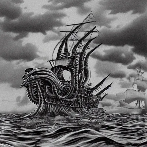 Image similar to 🤷🏽‍♂️ 🐙 a highly detailed hyperrealistic scene of a ship being attacked by giant squid tentacles, ultra realistic, jellyfish, squid attack, dark, voluminous clouds, thunder, stormy seas, pirate ship, dark, high contrast, yoji shinkawa, scary, m.c. Escher, highly detailed, brutal, beautiful, octopus arms attacking the ship from the storm, illusion, artgerm