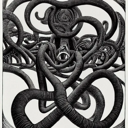 Image similar to eldritch god of madness, black ink on paper, m c escher