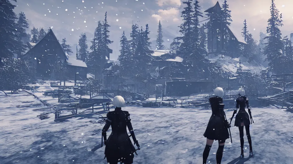 Prompt: Screenshot from Nier Automata, beautiful landscape at an abandonned ski station, near a chairlift, winter