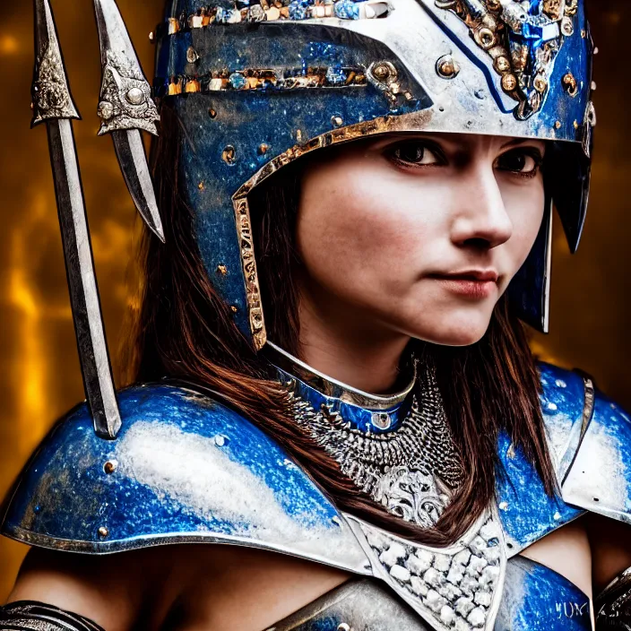 Prompt: photo of a cute warrior queen wearing sapphire encrusted armour, highly detailed, 4 k, hdr, smooth, sharp focus, high resolution, award - winning photo