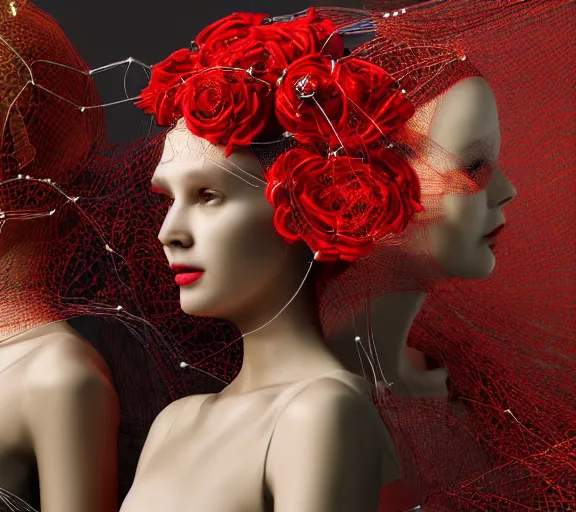 Image similar to a complex 3d render ultra detailed of two tulle wrapped perfect human face female half android queens praying together with wires tangled behind them connected to giant computer,bowknot, fine lace. GUCCI,sculpture,red rose, sparkling, jewel embellishment, cyberpunk 2077, film lighting, anatomical, facial muscles, cable wires, microchip, by Stanely Artgerm, Tom Bagshaw, Andrei Riabovitchev, aaron horkey, trending on pinterest,ZBrush, full of color, luxury, mythological, ultra realistic, high detail,concept art,golden ratio,cinematic lighting H 768