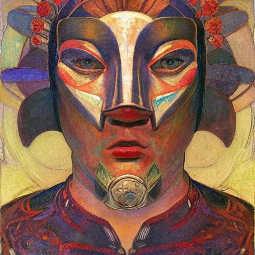 Image similar to head of a beautiful boy wearing a mask made of metal flowers, by annie swynnerton and nicholas roerich and jean delville and john watkiss, art deco shaman, stylized geometric flowers, art brut, symbolist, dramatic lighting, god rays, iridescent beetles, clean crisp graphics, smooth sharp focus, extremely detailed, adolf wolfli