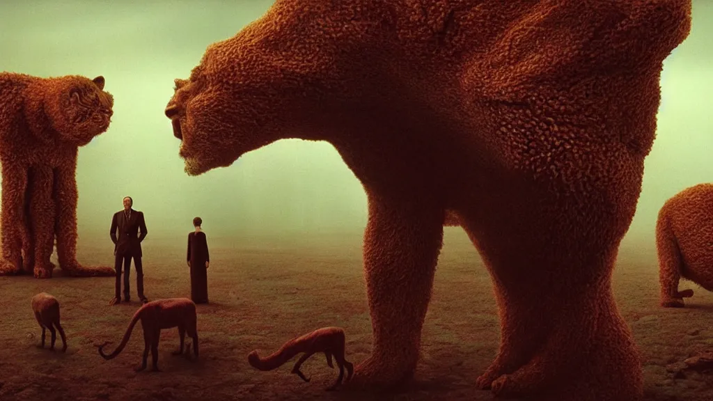 Prompt: hypercube four dimensional man, surrounded by animals, film still from the movie directed by denis villeneuve and david cronenberg with art direction by salvador dali and zdzisław beksinski, wide lens