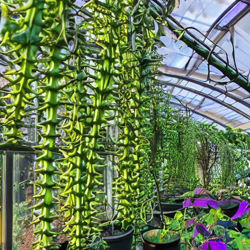 Image similar to wide shot several green and violet poisonous spiked tentacula vines grow from a pot, on wooden table in the ray of sunshine in greenhouse, digital art, hyper realistic, sharp focus, high detailed, calm, warm lighting, by Rutkowsky