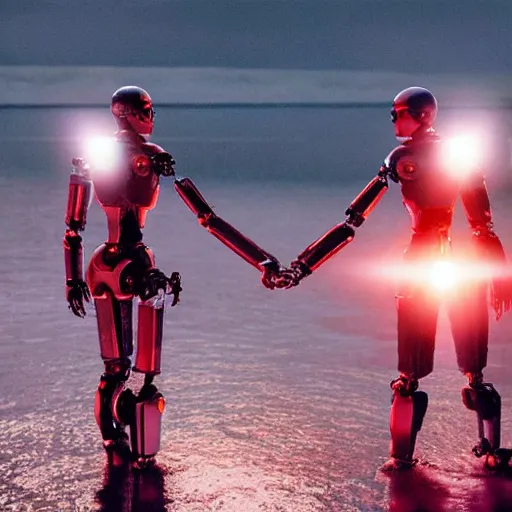 Prompt: Beautiful cinematic scene of a couple of two damaged and broken humanoid robots holding hands near a river, at night, peaceful, science fiction, cinematic lighting, insanely detailed, directed by Denis Villeneuve and Wes Anderson, cinestill 800t