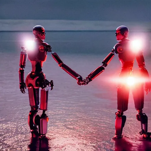 Image similar to Beautiful cinematic scene of a couple of two damaged and broken humanoid robots holding hands near a river, at night, peaceful, science fiction, cinematic lighting, insanely detailed, directed by Denis Villeneuve and Wes Anderson, cinestill 800t