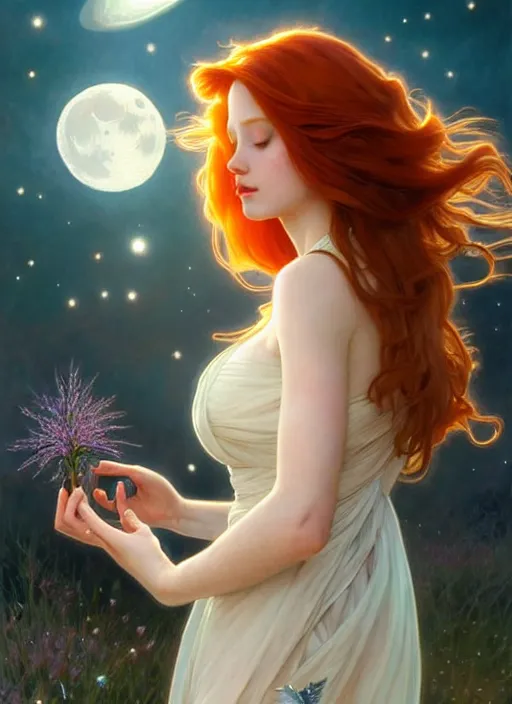 Image similar to beautiful redhead girl surrounded by starlight, eyes closed, moon behind her, holding a fairy in her hand, shiny, fantasy, int ricate, elegant, hyper detailed, ultra definition, photoreal, artstation, unreal engine rendered, concept art, smooth, sharp focus, illustration, art by artgerm and greg rutkowski and alphonse mucha and garis edelweiss