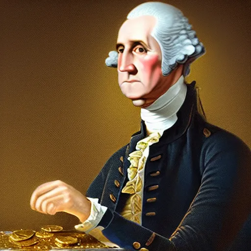 Image similar to a closeup photorealistic photograph of a happy George Washington inspecting small gold Doubloon coins at his home on Cherry Street. This 4K HD image is Trending on Artstation, featured on Behance, well-rendered, extra crisp, features intricate detail and the style of Unreal Engine.