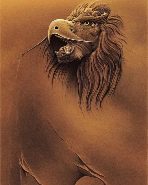 Prompt: a creature with the body and eyes of a man, with the beak of an eagle, the mane of a lion, and the horn of a bull. drawn by moebius and zdzislaw beksinski