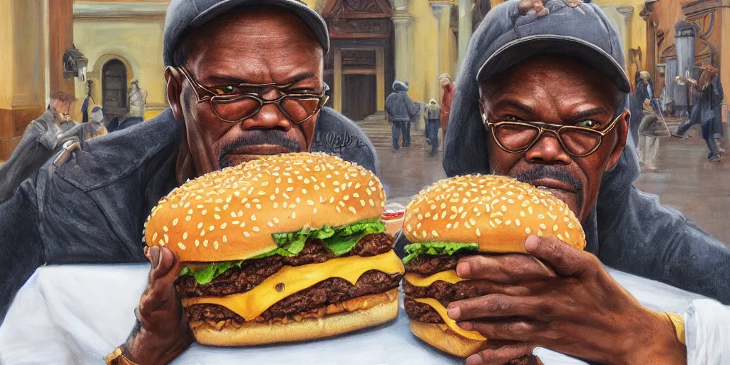 Prompt: highly detailed portrait painting of samuel l jackson eating burger sitting on square near moscow kremlin, balalaika, perfect symmetrical eyes, by eddie mendoza and tyler edlin, 8 k resolution