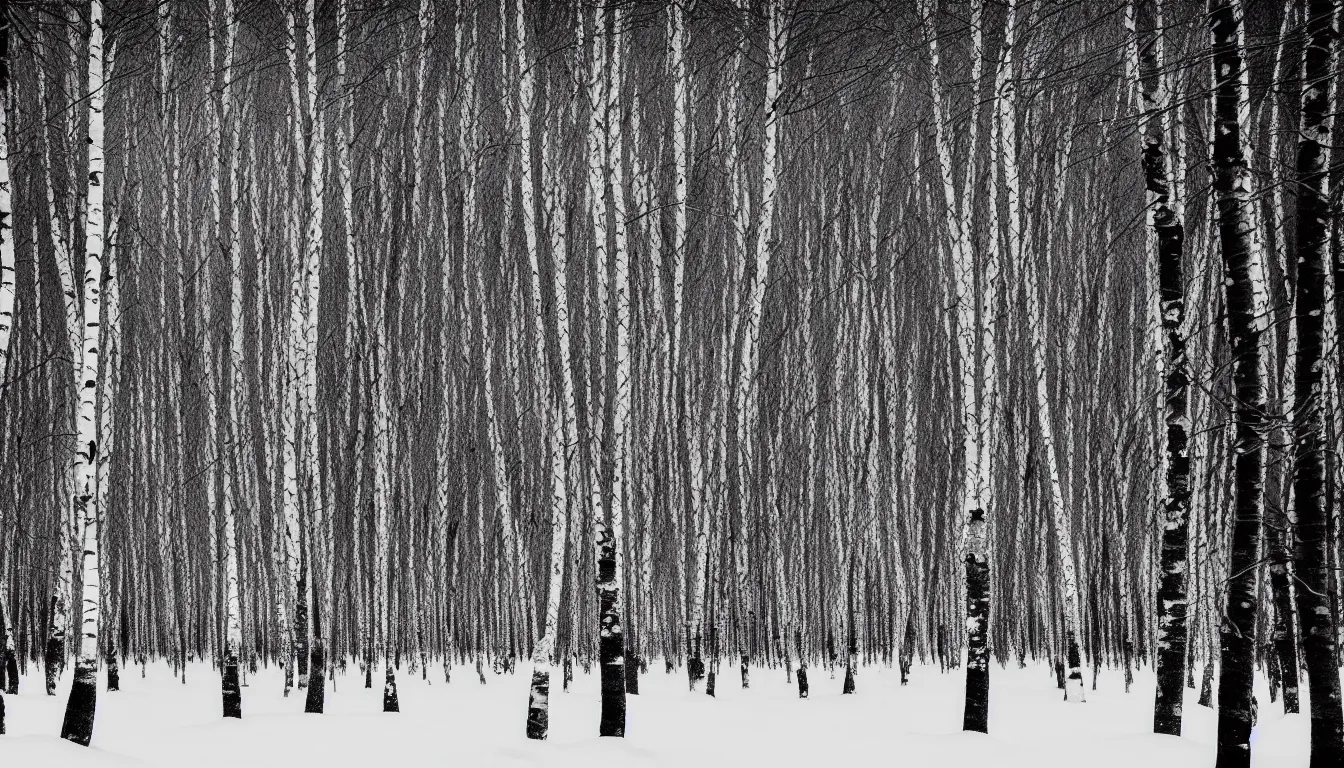 Prompt: birch forest, evening, blizzard, winter, dark, atmospheric, scary, claustrophobic, ambient vibe, very detailed, black and white, 4 k
