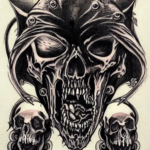 Prompt: gothic tattoo design of a vampire bat and skulls by bernie wrightson