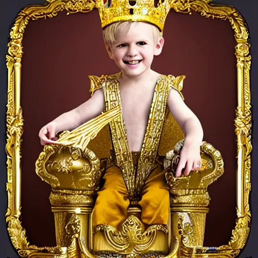 Prompt: cute blond boy wearing a crown and sitting on an ornate throne holding a jeweled scepter.