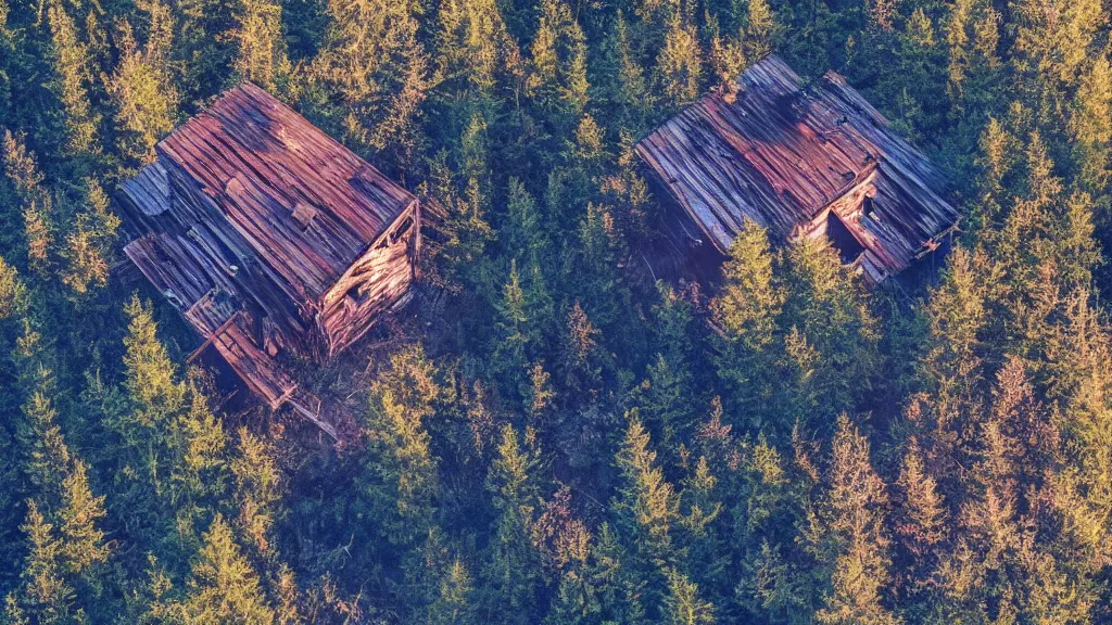 Prompt: Drone shot of a Abandoned cabin in the woods, God rays, Golden hour, hyper realistic, hyper detailed, 3D, Octane Render