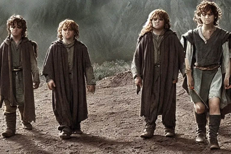 Prompt: lord of the rings directed by david fincher, frodo and samwise in the style of h. r. giger walking down a dirt track