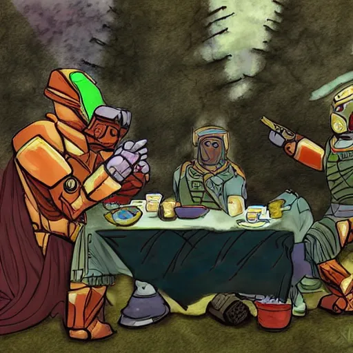 Prompt: Master Chief and The Prophet of Truth having a tea party, digital art
