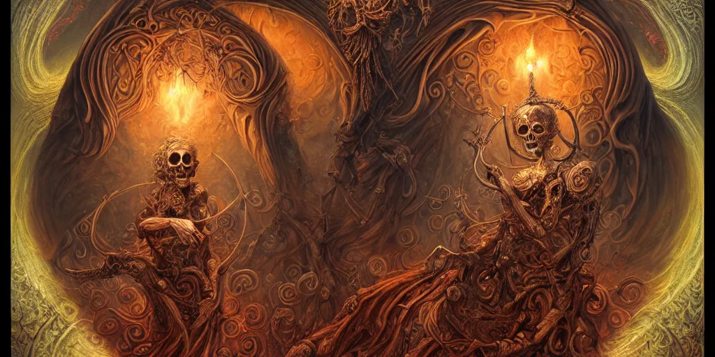 Image similar to A beautiful detailed orixa, tarot card, by tomasz alen kopera and Justin Gerard, symmetrical features, ominous, magical realism, texture, intricate, ornate, royally decorated, skull, skeleton, whirling smoke, embers, red adornements, red torn fabric, radiant colors, fantasy, trending on artstation, volumetric lighting, micro details, 3d sculpture, ray tracing, 8k, anaglyph effect