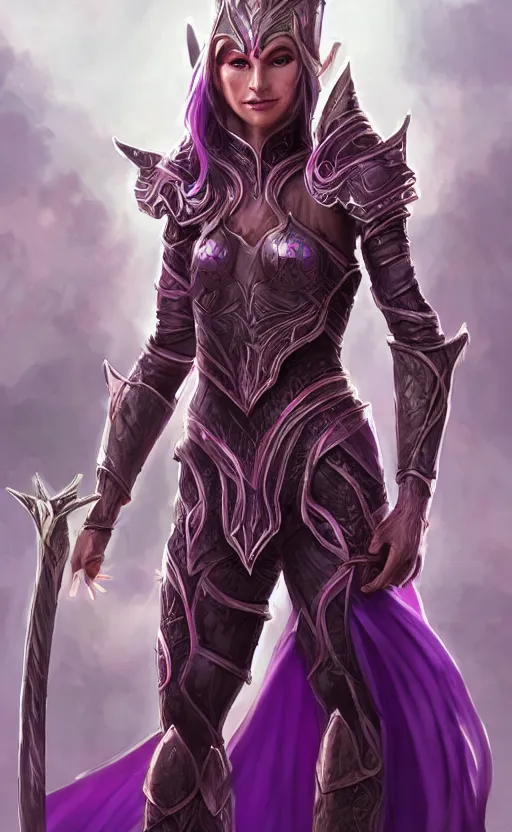 Image similar to a full body portrait of an elven woman with pink skin, and armor fit for a queen, wearing purple headphones, and smiling, dynamic lighting, photorealistic fantasy concept art, trending on art station, stunning visuals, creative, cinematic, ultra detailed