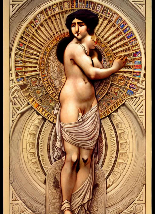 Prompt: wide angle shot inca calender stone carvings intricate elegant highly detailed centered digital painting artstation concept art ernst haeckel and jean auguste dominique ingres and john william godward, alphonse mucha, james jean