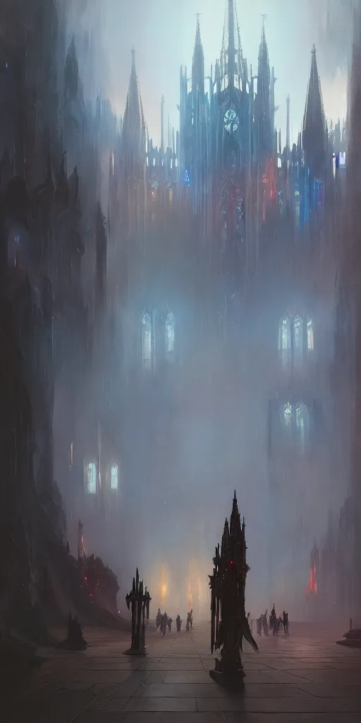 Prompt: outside of a futuristic gothic cathedral with leds, extremely detailed digital painting, in the style of fenghua zhong and ruan jia and jeremy lipking and peter mohrbacher, mystical colors, rim light, beautiful lighting, 8 k, stunning scene, raytracing, octane, trending on artstation