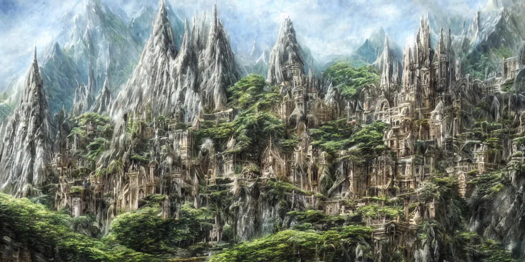 Prompt: an elven city built into the side of a mountain, pristine, by alan lee, lord of the rings, smooth, detailed terrain, oil painting, matte painting, concept art, trending on artstation