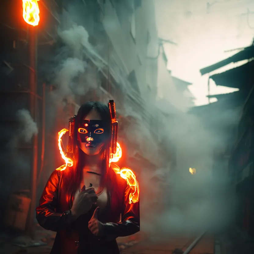 Prompt: a photo close up cyberpunk woman, wearing japanese mask, fire dance in cyberpunk dirty alley, smoke mist rain, cyberpunk gunma prefecture, midnight, photorealistic, cinematic color, studio lighting, highly detailed, bokeh, style by tomino - sama