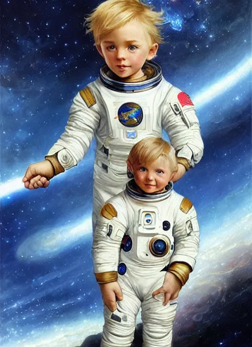 Prompt: a cute little boy with short blonde hair and blue eyes as an astronait wearing a space suit in space, beautiful fantasy painting by artgerm and greg rutkowski and alphonse mucha