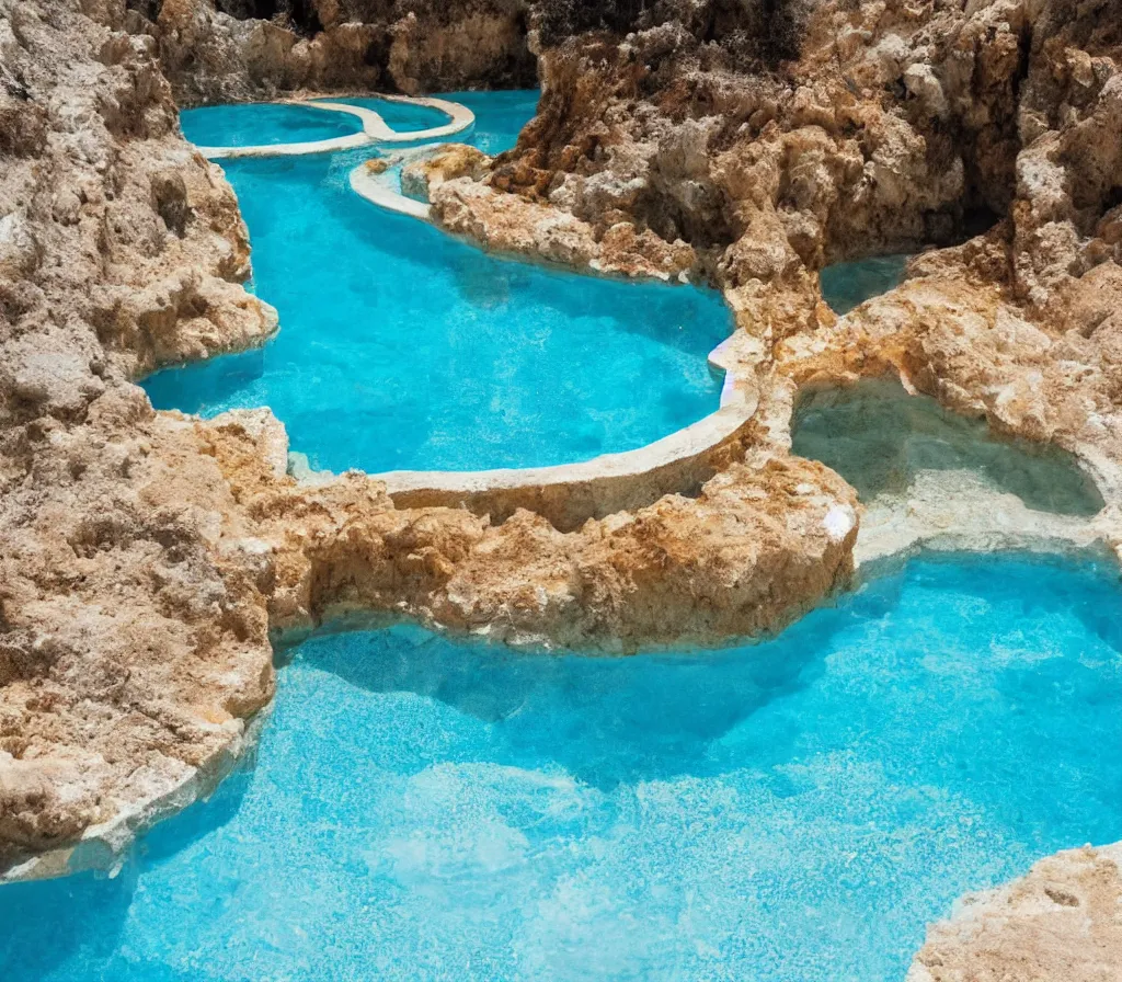 Prompt: travertine pool golden palace, bright blue water, bright mid day, professional photography, travel, architecture, high detail, dreamy