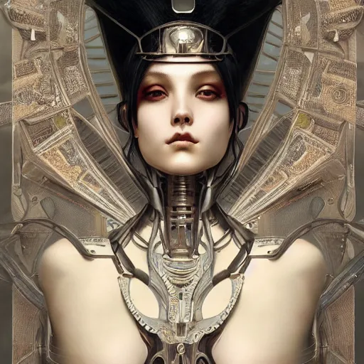 Prompt: ultra realist soft painting of a single attractive gynoid female sillicon skin armored, curiosities carnival, symmetry accurate features, very intricate details, focus, curvy, artstyle Hiraku Tanaka and Tom Bagshaw, award winning