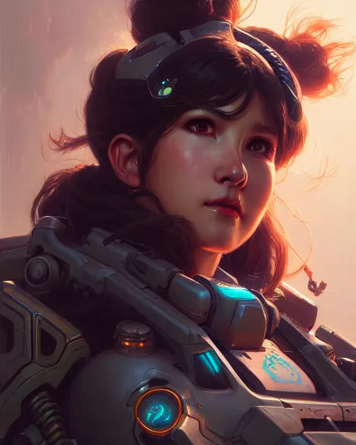 Image similar to d. va from overwatch, character portrait, portrait, close up, concept art, intricate details, highly detailed by greg rutkowski, michael whelan and gustave dore