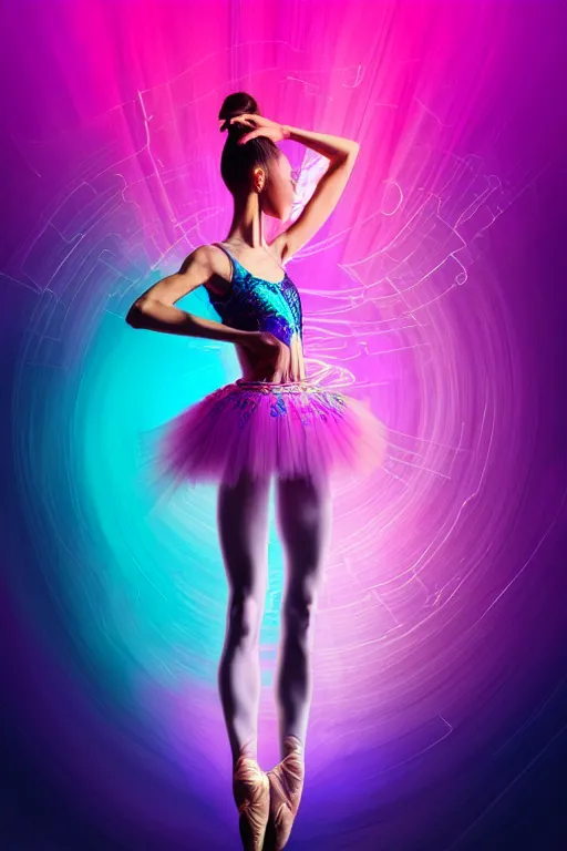 Image similar to a award winning half body portrait of a beautiful ballerina in a crop top and tutu with ombre purple pink teal hairstyle and hands in pockets by ari liloan, surrounded by whirling illuminated lines, outrun, vaporware, shaded flat illustration, digital art, trending on artstation, highly detailed, fine detail, intricate