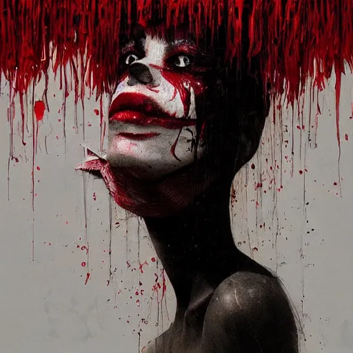 Image similar to lips sewn shut of a pelham puppet surrounded by red curtains by Conrad Roset and Nicola Samuri, medium shot, rule of thirds, seductive look, beautiful, intricate, dystopian, sci-fi, extremely detailed, digital painting, artstation, concept art, smooth, sharp focus, intimidating lighting, incredible art, details visible, very dark ambiance
