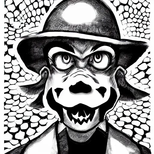 Image similar to Bowser portrait in the style of Junji Ito. Manga. Black & White. Gothic. Horror. Exquisitely detailed. 4K.