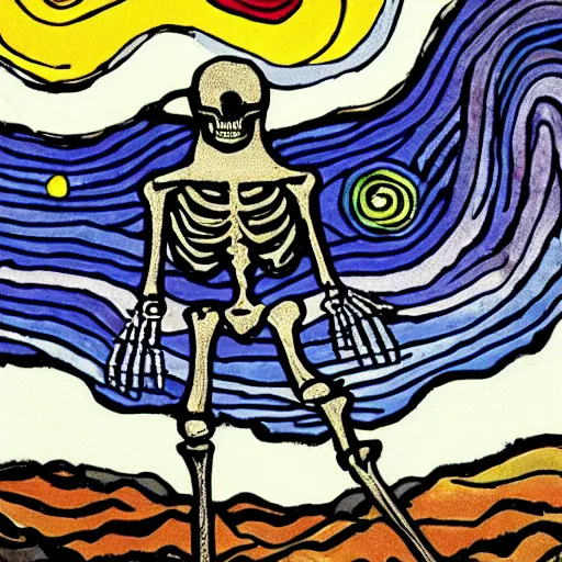 Image similar to a skeleton in black cloak in starry night style