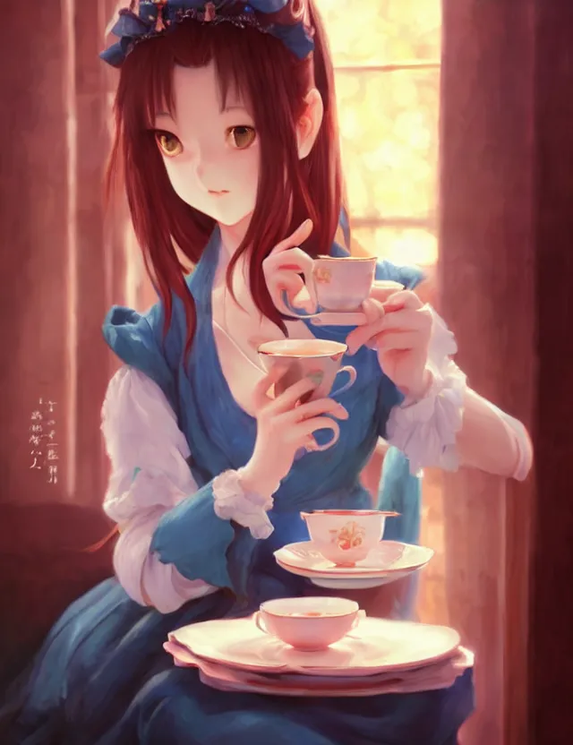 Image similar to unattractive princess drinking tea. oil painting by award - winning mangaka. backlighting, chiaroscuro, depth of field, luminescent colors.