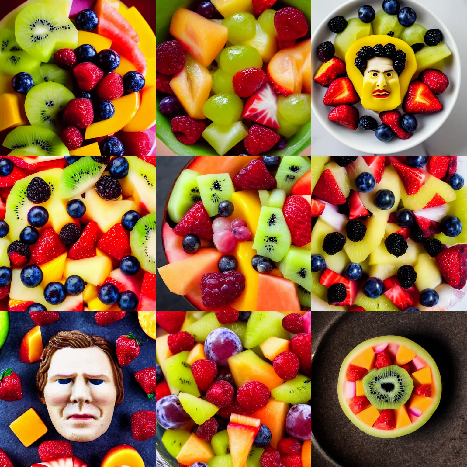 Prompt: a fruit salad with the face of benedict cumberbatch, macro lens, top view, high quality