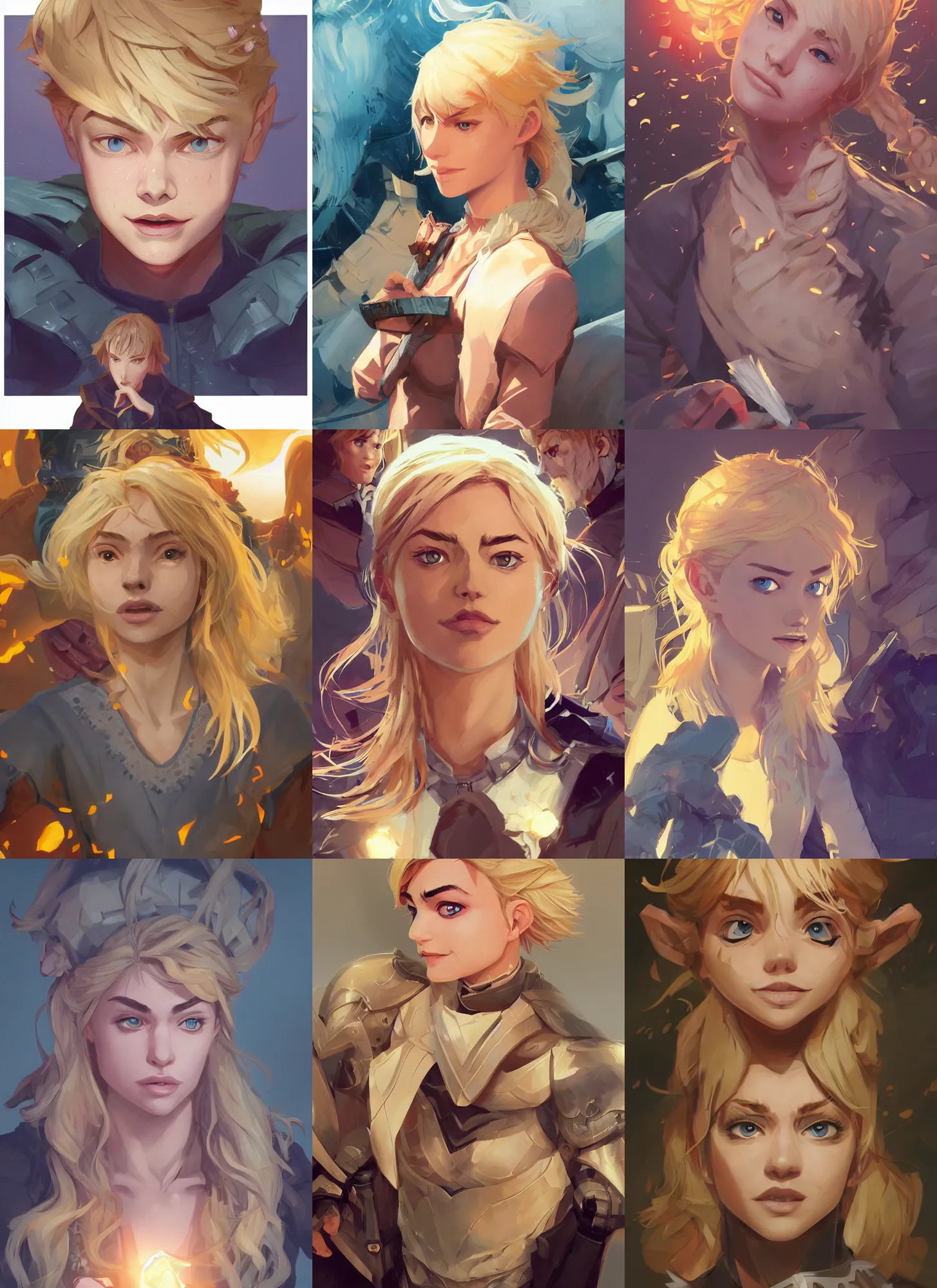 Prompt: just one head, portrait, Imogen Poots D&D Paladin, blonde hair, stylized background, global illumination lighting, official fanart, by Jesper Ejsing and RHADS and Makoto Shinkai and Lois van baarle and ilya kuvshinov and rossdraws