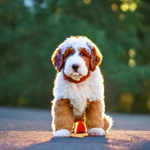 Image similar to a bernedoodle puppy at golden hour, bokeh, 3 2 megapixel