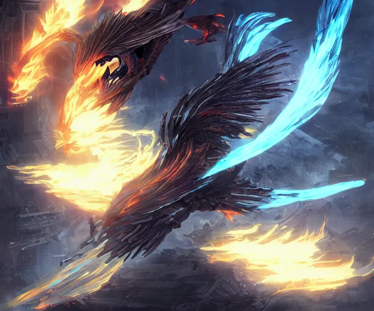 Image similar to neo tokyo, dark fantasy, concept art, video game, highly detailed, phoenix flames