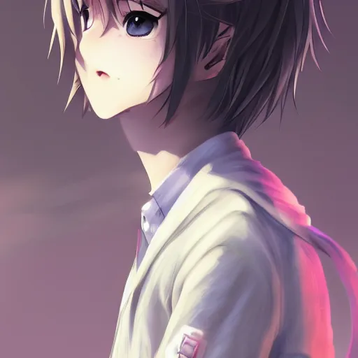 Image similar to cute anime boy standing by a large river,detailed face,detailed eyes,pink lips,upturned nose, digital art , highly detailed , high contrast, beautiful lighting, award winning , trending on art station, photorealistic, 8k