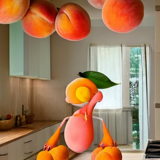 Prompt: a peach inspired creature dancing in a kitchen, kitchen interior, highly detailes