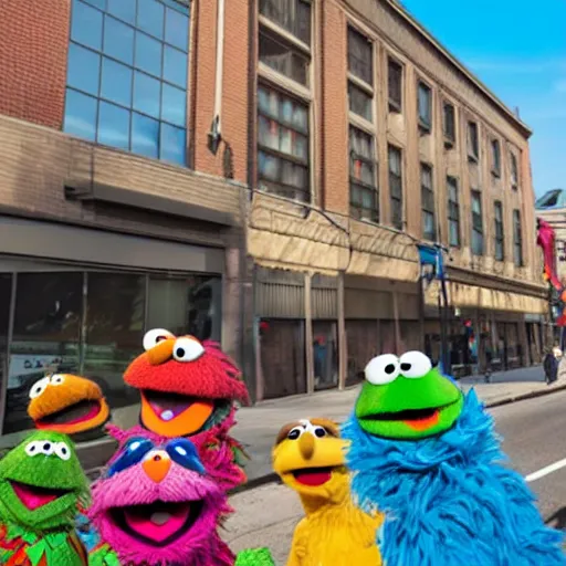 Image similar to wide angle shot of traffic on sesame street with muppets colorful cel shading, cookie monster, elmo, oscar the grouch