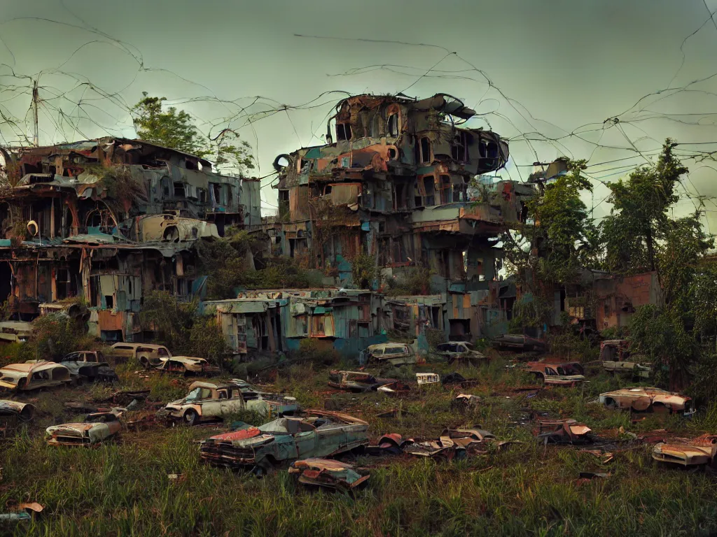 Image similar to beautiful house made from junkyard scrap parts, in an abandoned car lot overgrown, junk architectural, futuresynth, scrapyard architecture, blender, morning, ruined city in the background, trending on artstation