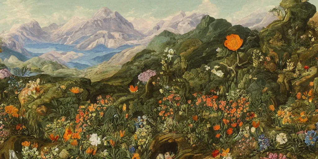 Prompt: mountain landscape with many flowers, by mahmoud sai and maria sibylla merian, intricate, sharp focus, detailed, lively colors, sky, water