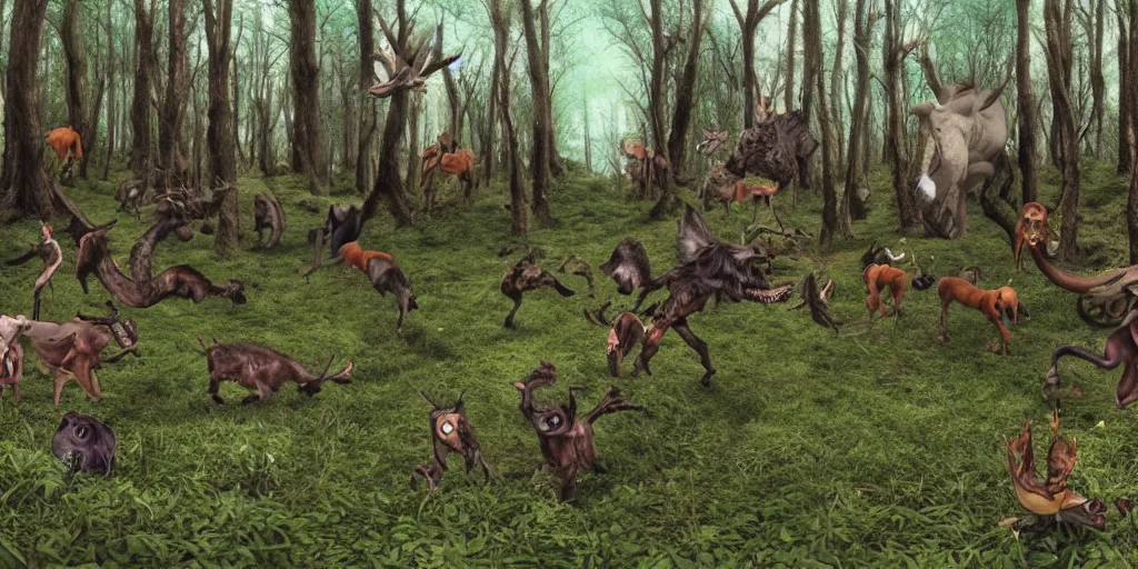 Prompt: panorama of animals in enchanted forest running away from necromancer's army