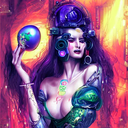 Image similar to goddess of chaos Eris in cyberpunk world holding the apple of discord with vicious smile, body full of details, hyper realistic, ultra detailed, neon flavour with dark wet, artistic photography, light reflections