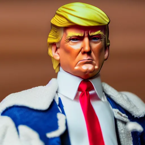 Prompt: close up of donald trump 8 0 s plastic action figure in its original box, dslr photo