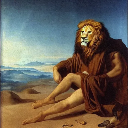 Prompt: Somewhere in sands of the desert, a shape with lion body and the head of a man, a gaze blank and pityless as the sun, is moving its slow thighs, painted by Diego Velazquez